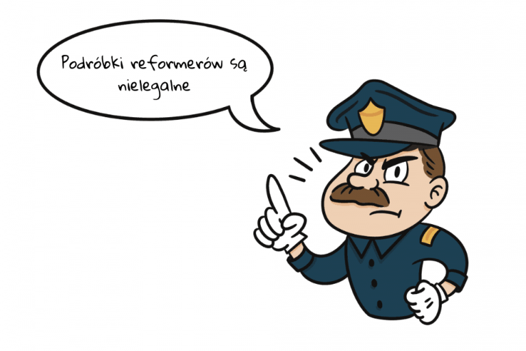 Policjant mówiący "Podróbki reformerów są nielegalne"