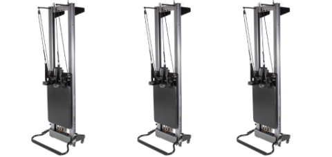 Pilates reformer with wheels, stackable, and lightweight for storage.