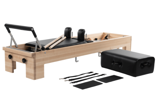 Reformer Pilates z akcesoriami: skrzynka do siedzenia, paski, uchwyty, słupki