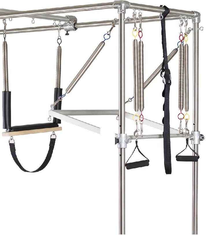 Trapeze feature on Pilates reformer with stainless steel frame and springs.