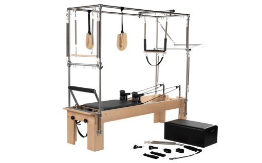 Pilates reformer accessory set with Sitting Box, loops, and cuffs.
