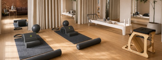 Profesjonalny zestaw sprzętu do studia Pilates z matami, wałkami i reformerem.